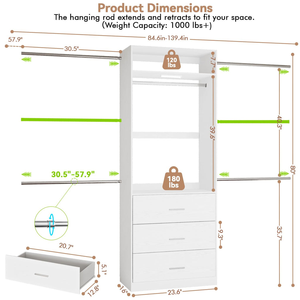 Wooden 11FT Closet Organizer with 3 Drawers and 4 Hanging Rods White O815401