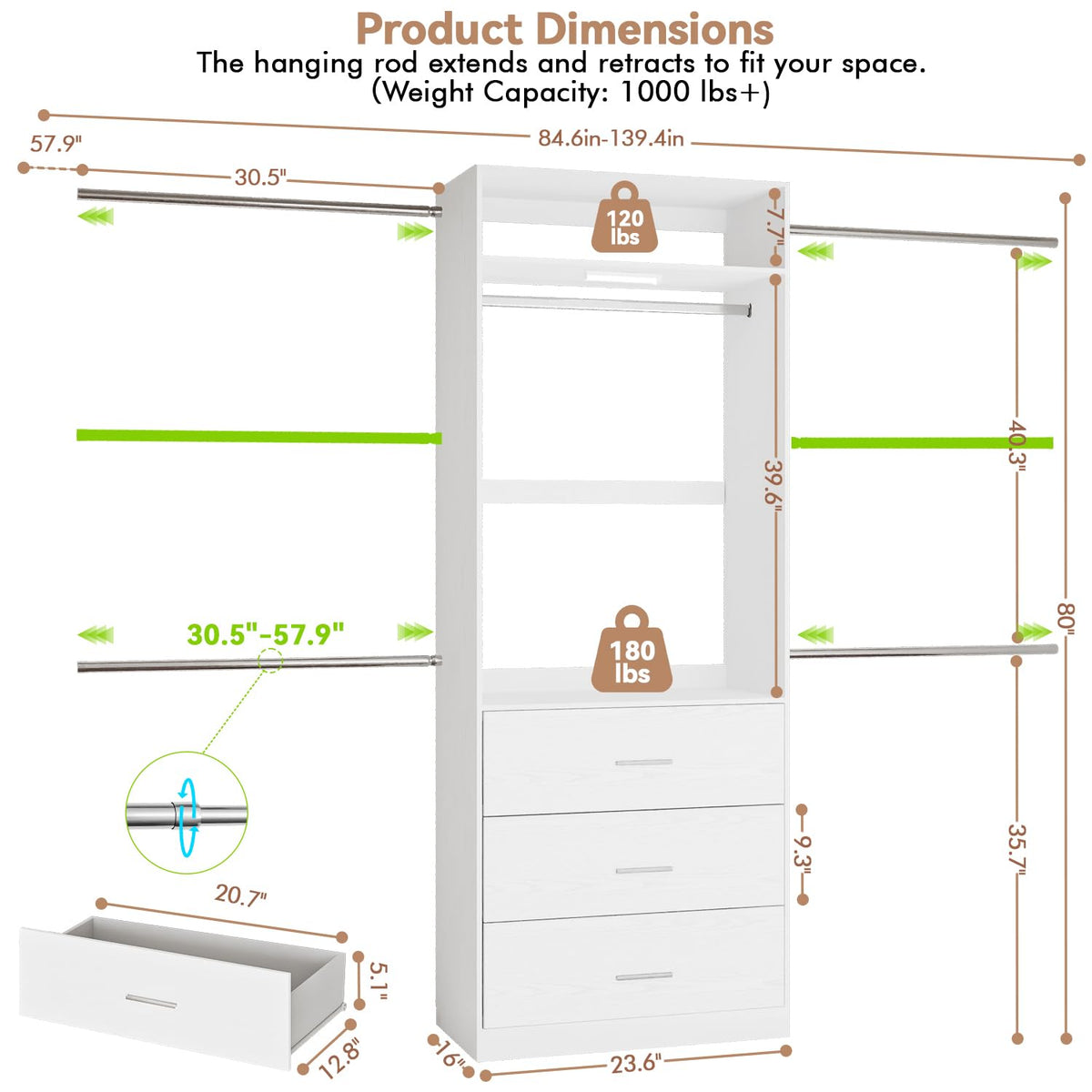 Wooden 11FT Closet Organizer with 3 Drawers and 4 Hanging Rods White O815401