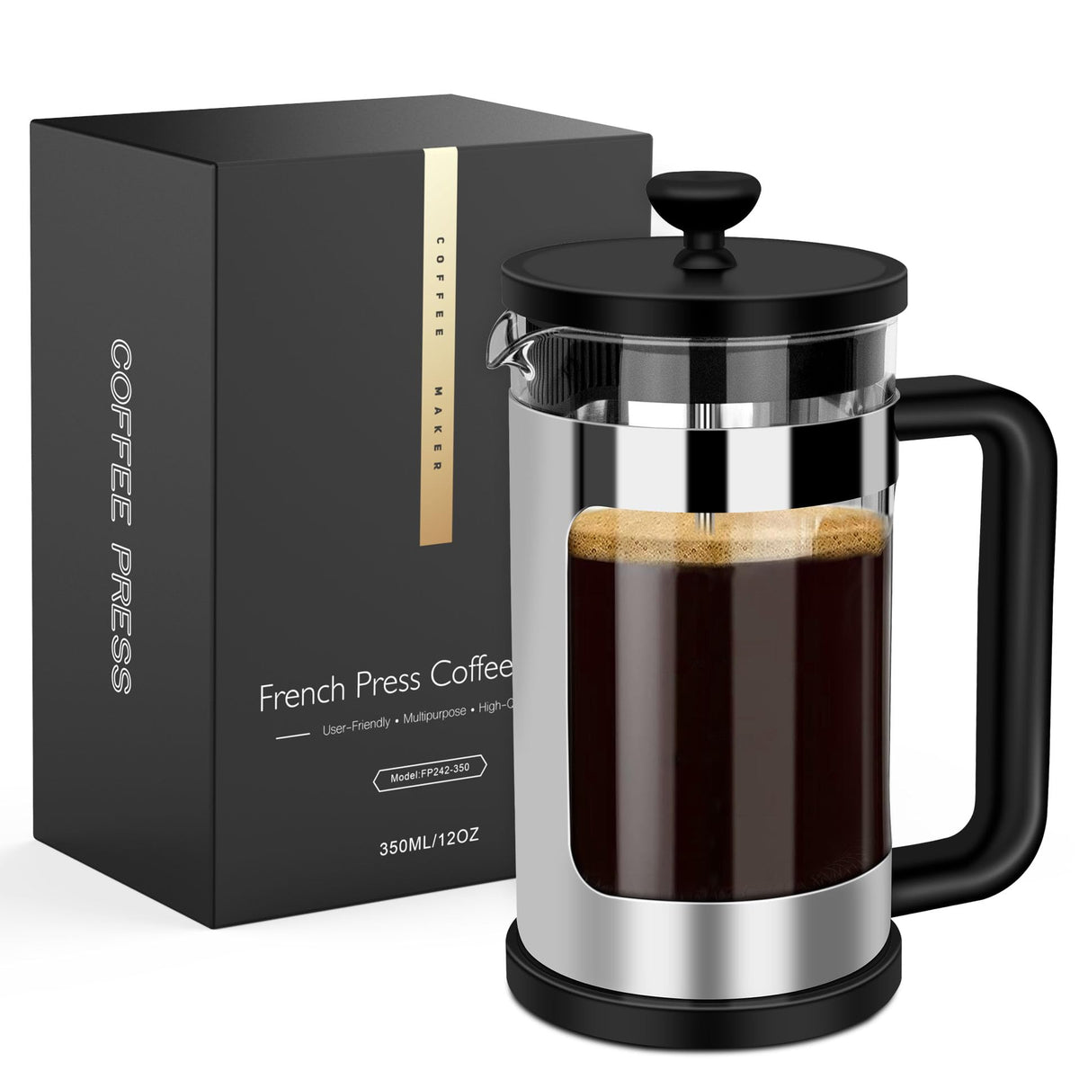 French Press Coffee Maker 12 Oz Borosilicate Glass I4813