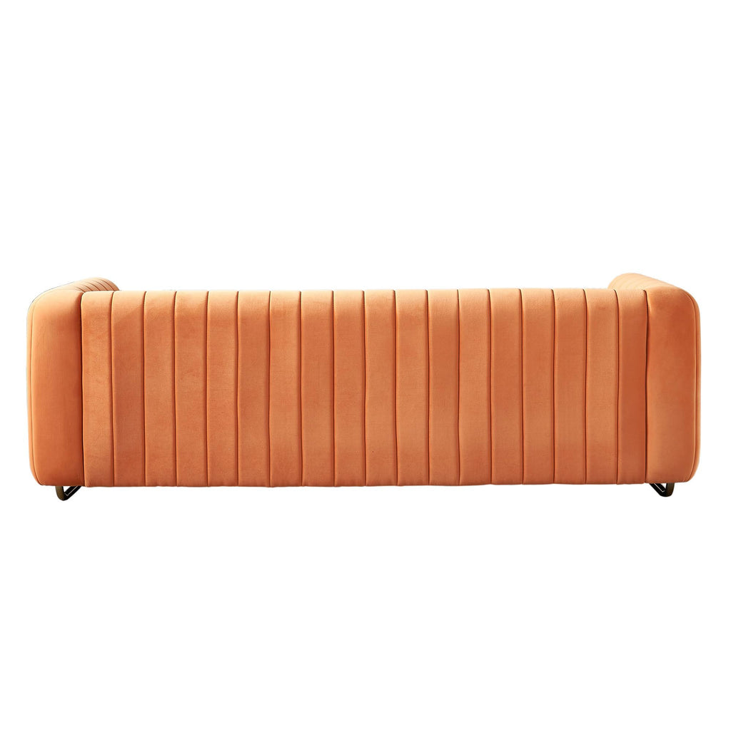 Velvet Sofa Couch, 3-Seater with Channel-Tufted Seats and Gold Steel Legs, Orange L272