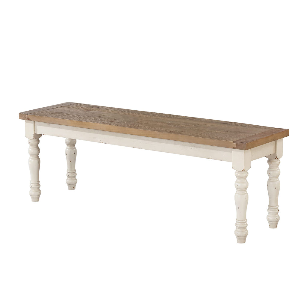 Antique White Two-Tone Oak Wood Dining Bench I7692