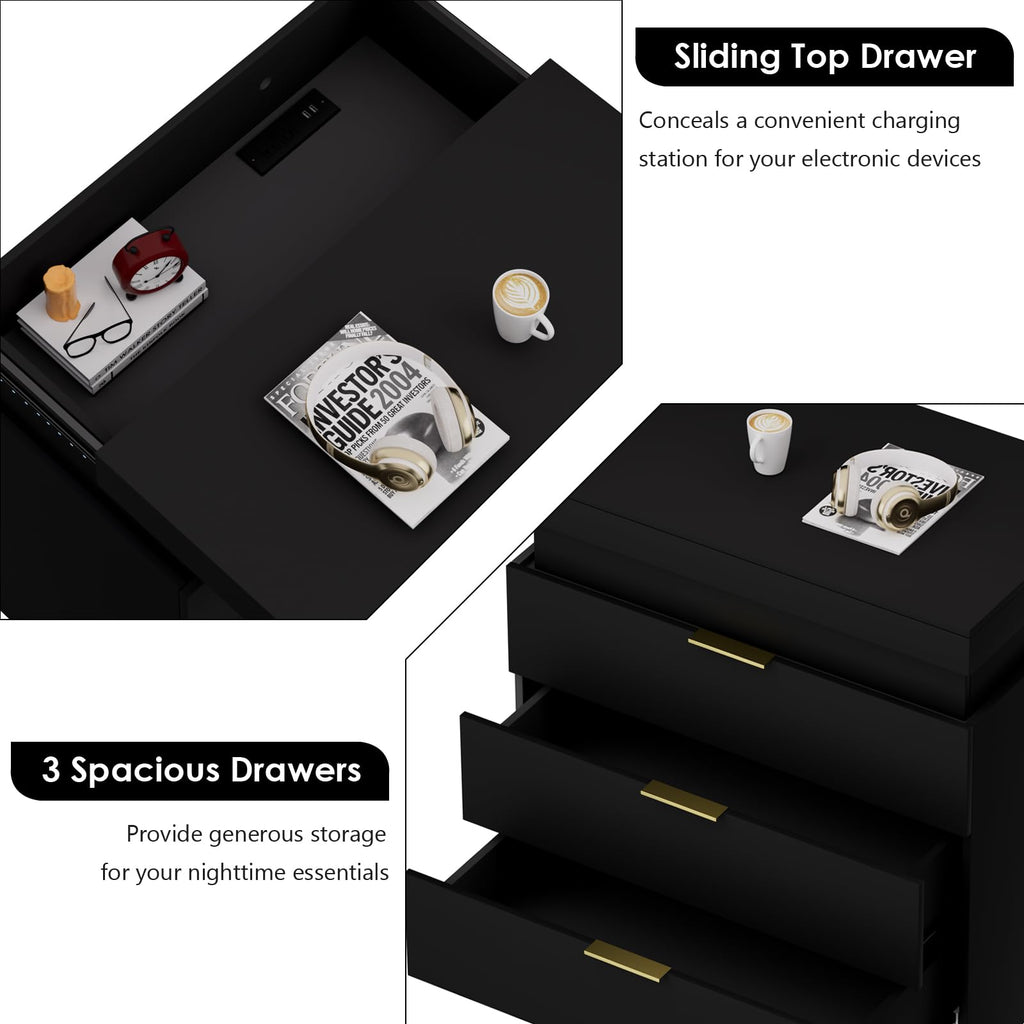 Black Nightstand with Charging Station and LED Lights L305383