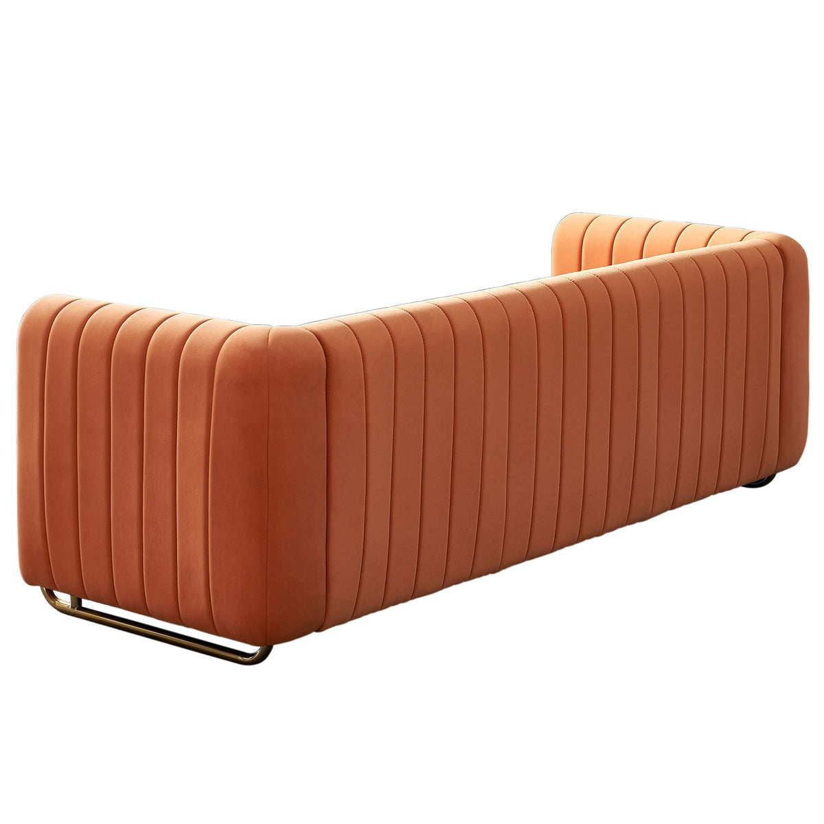 Velvet Sofa Couch, 3-Seater with Channel-Tufted Seats and Gold Steel Legs, Orange L272