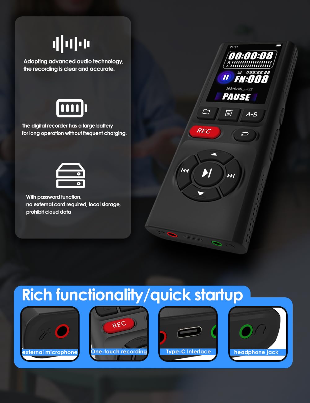 64GB Digital Voice Recorder with Playback USB O2759