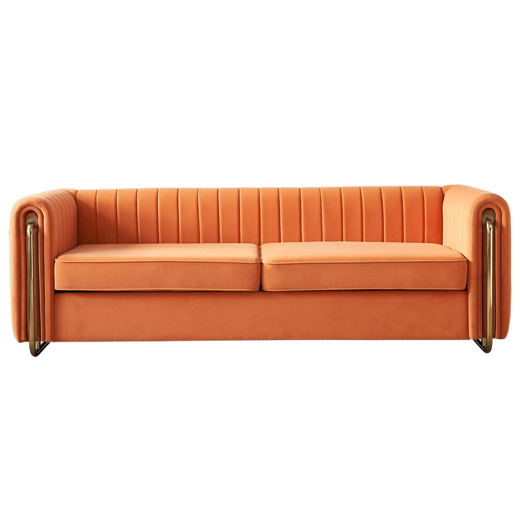Velvet Sofa Couch, 3-Seater with Channel-Tufted Seats and Gold Steel Legs, Orange L272