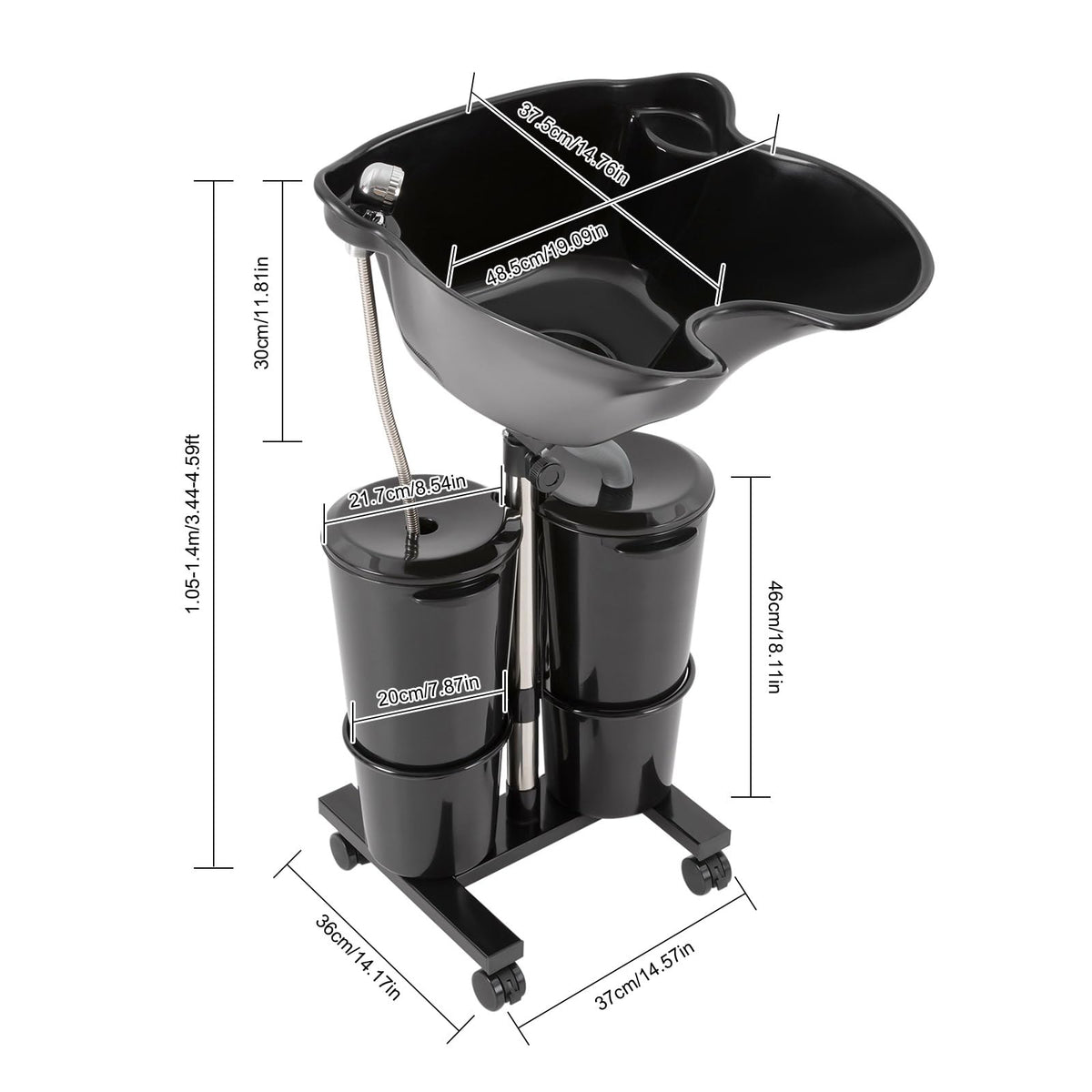 Portable Height and Angle Adjustable Shampoo Basin with 2 Water Buckets and 4 Wheels X8594