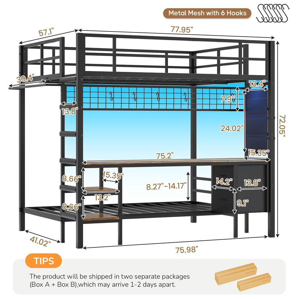 Full Over Twin Bunk Bed with Desk and LED Lights M61103