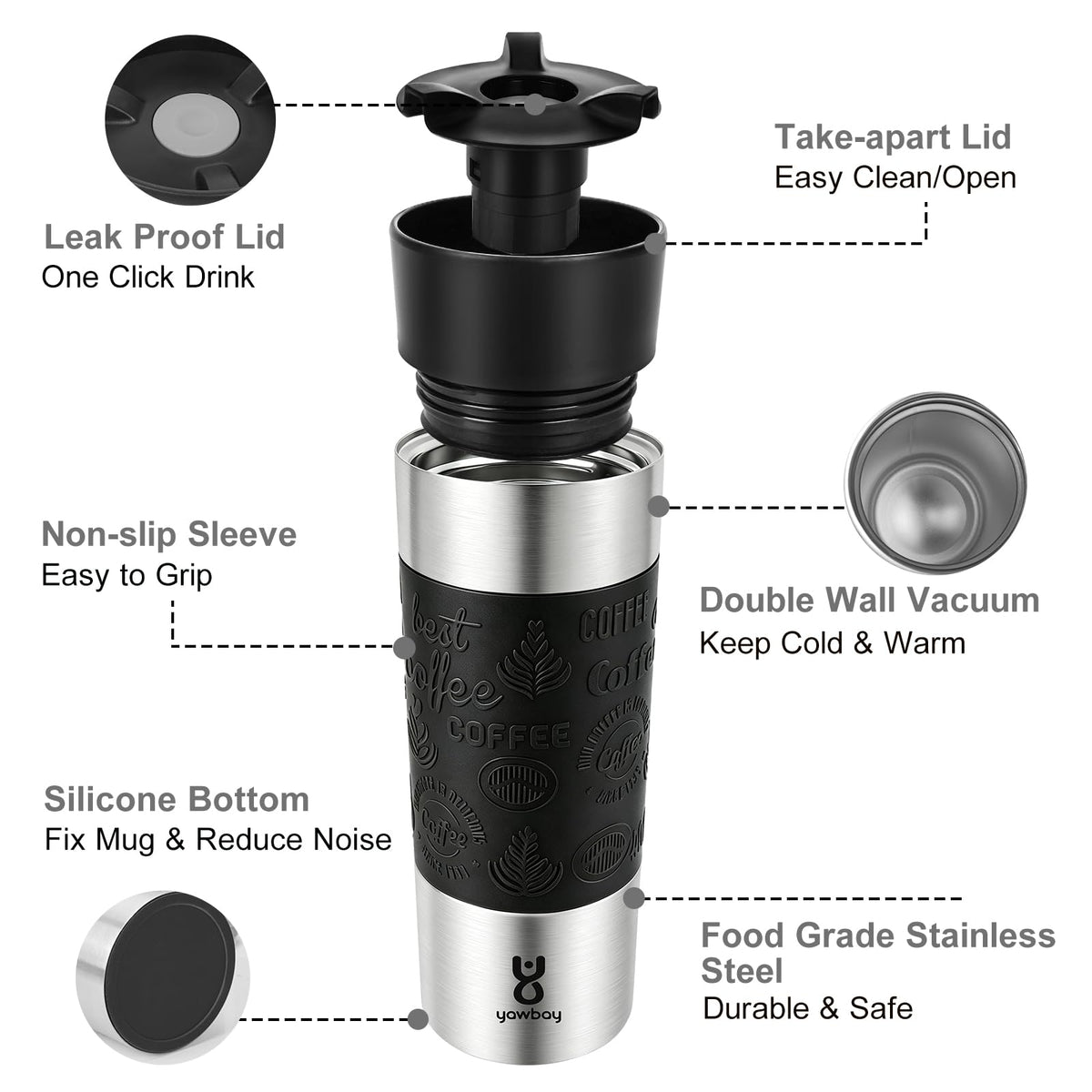 16 oz Stainless Steel Insulated Leak Proof Travel Coffee Mug M7657