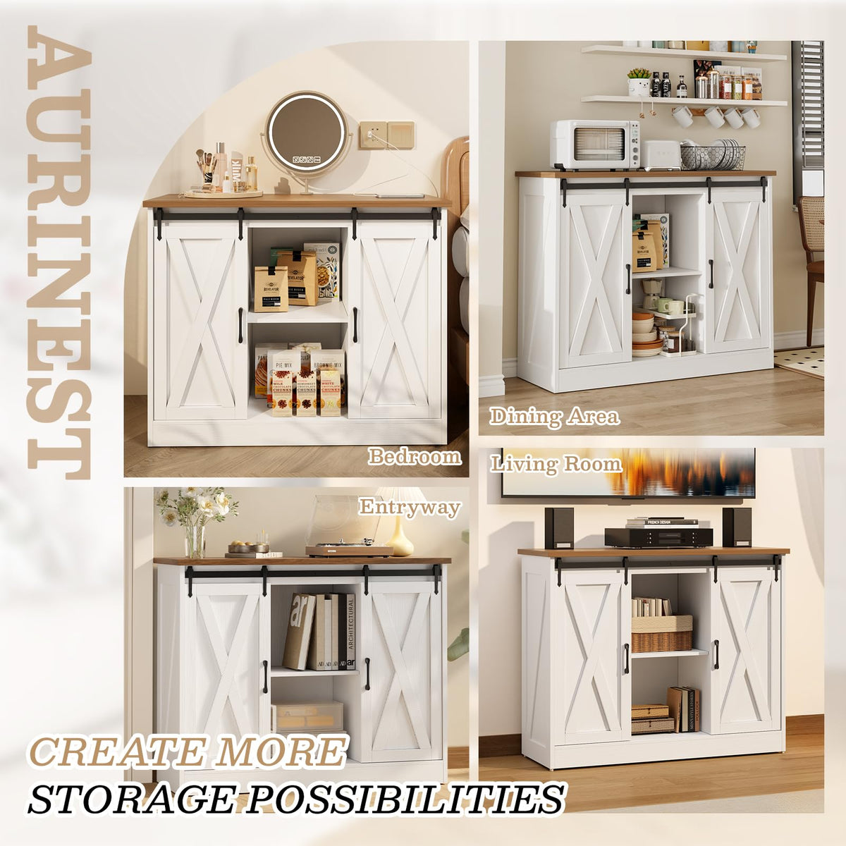 Rustic White Coffee Bar Cabinet with Sliding Barn Doors X8774