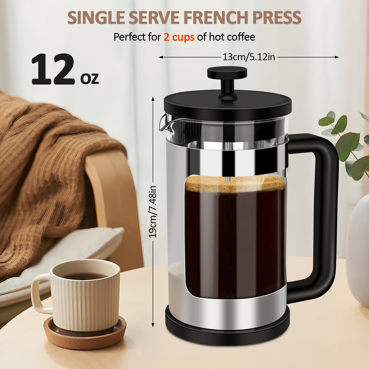 French Press Coffee Maker 12 Oz Borosilicate Glass I4813