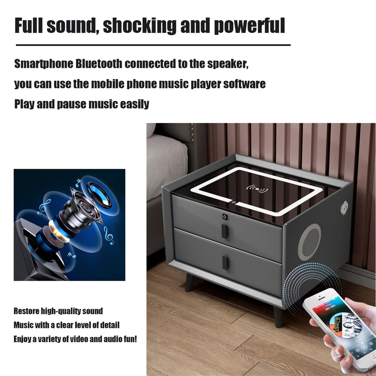 White Nightstand with Charging Station and Bluetooth Speaker M81665