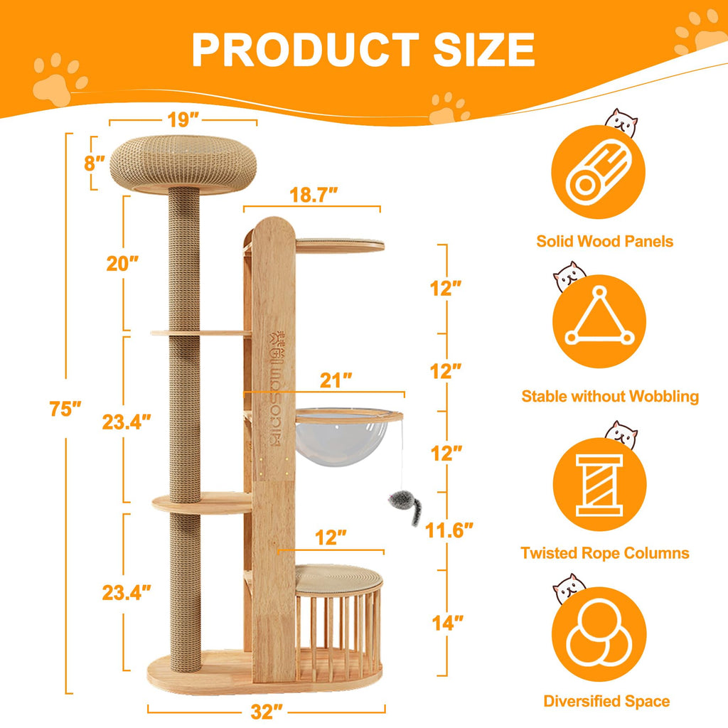 Solid Wooden Cat Tree Tower with Scratching Post C25066