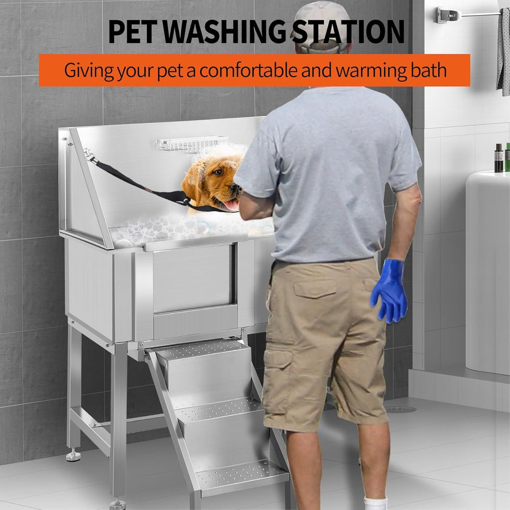 38 Inch Stainless Steel Dog Grooming Tub with Ramp U564987