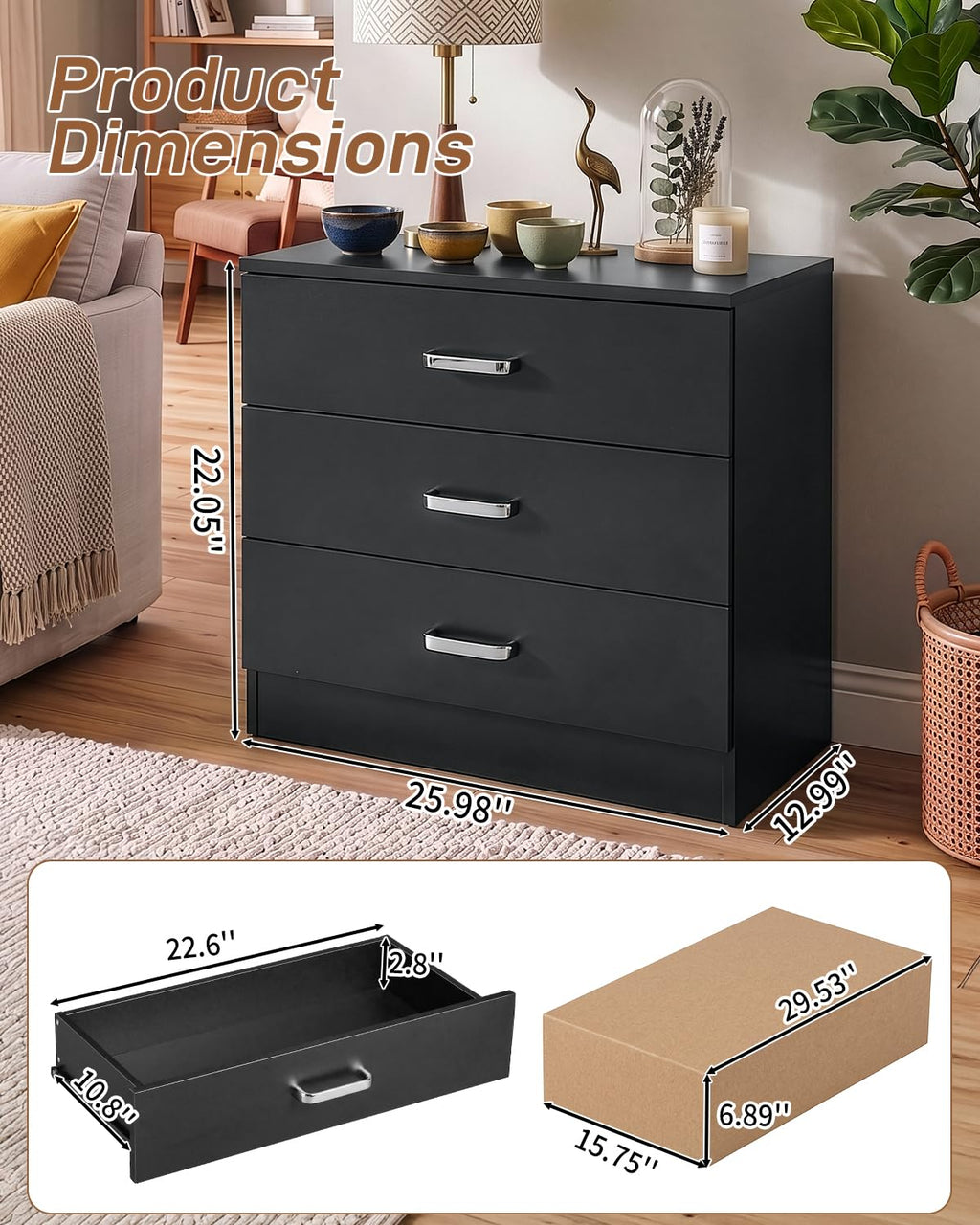 Black 3 Drawer Dresser M875