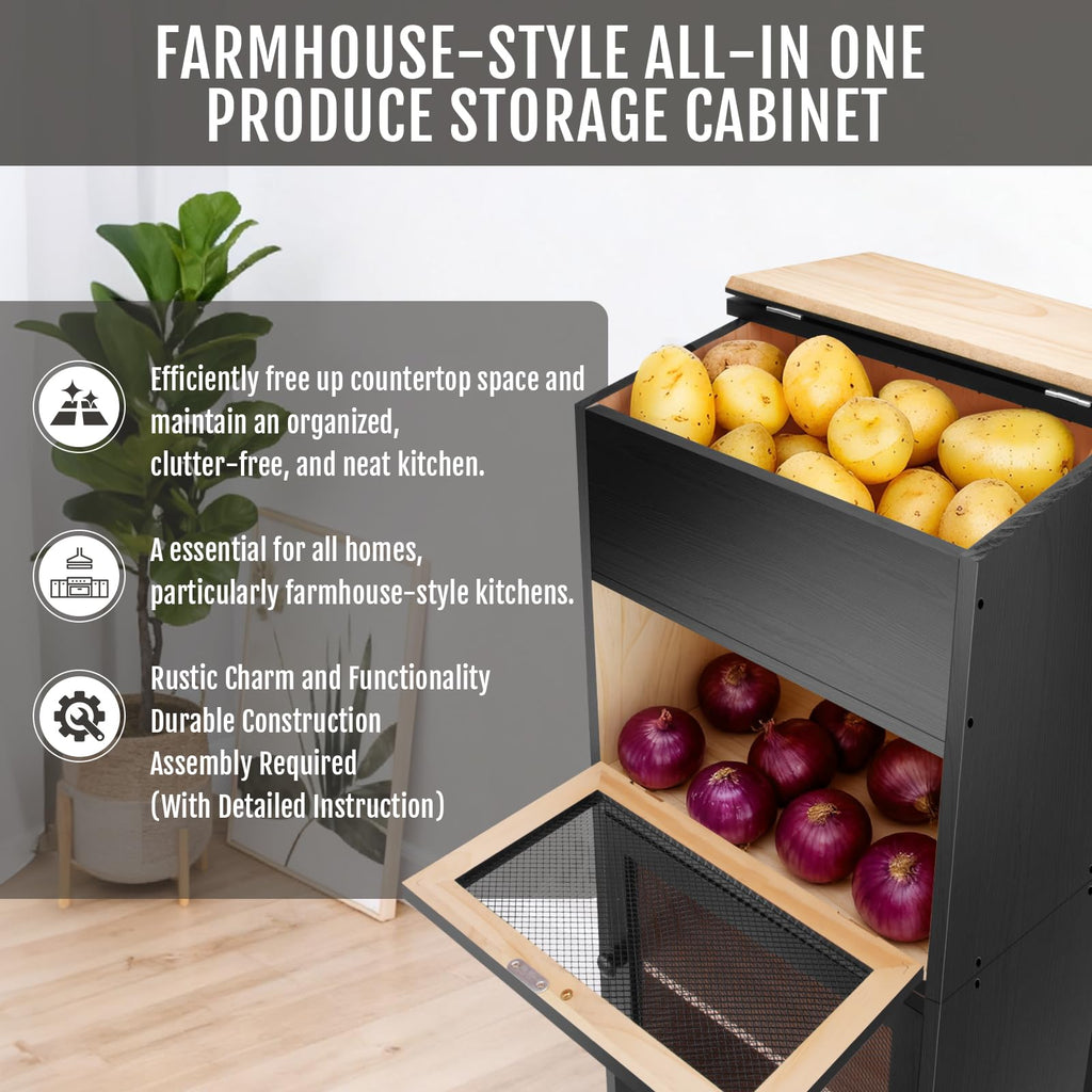 Black Stackable Wooden Potato Onion Storage Bin with Lid C206