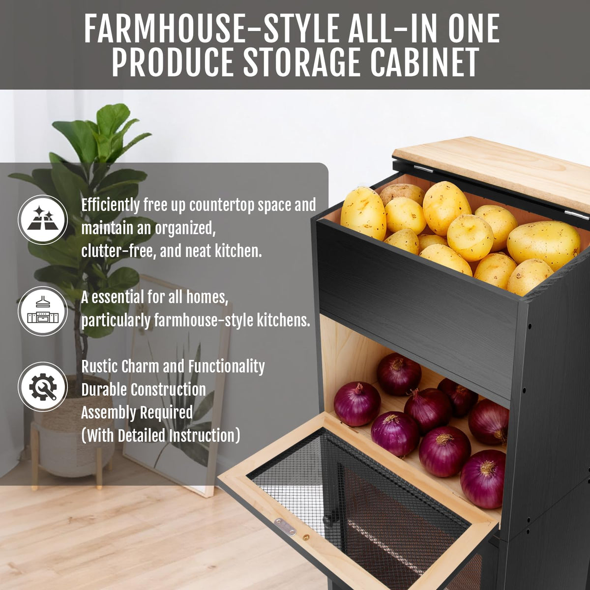 Black Stackable Wooden Potato Onion Storage Bin with Lid C206
