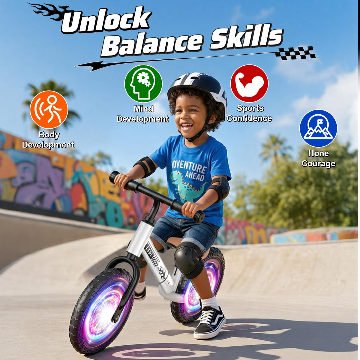 Adjustable Toddler Balance Bike with Fender and LED Tires P7028