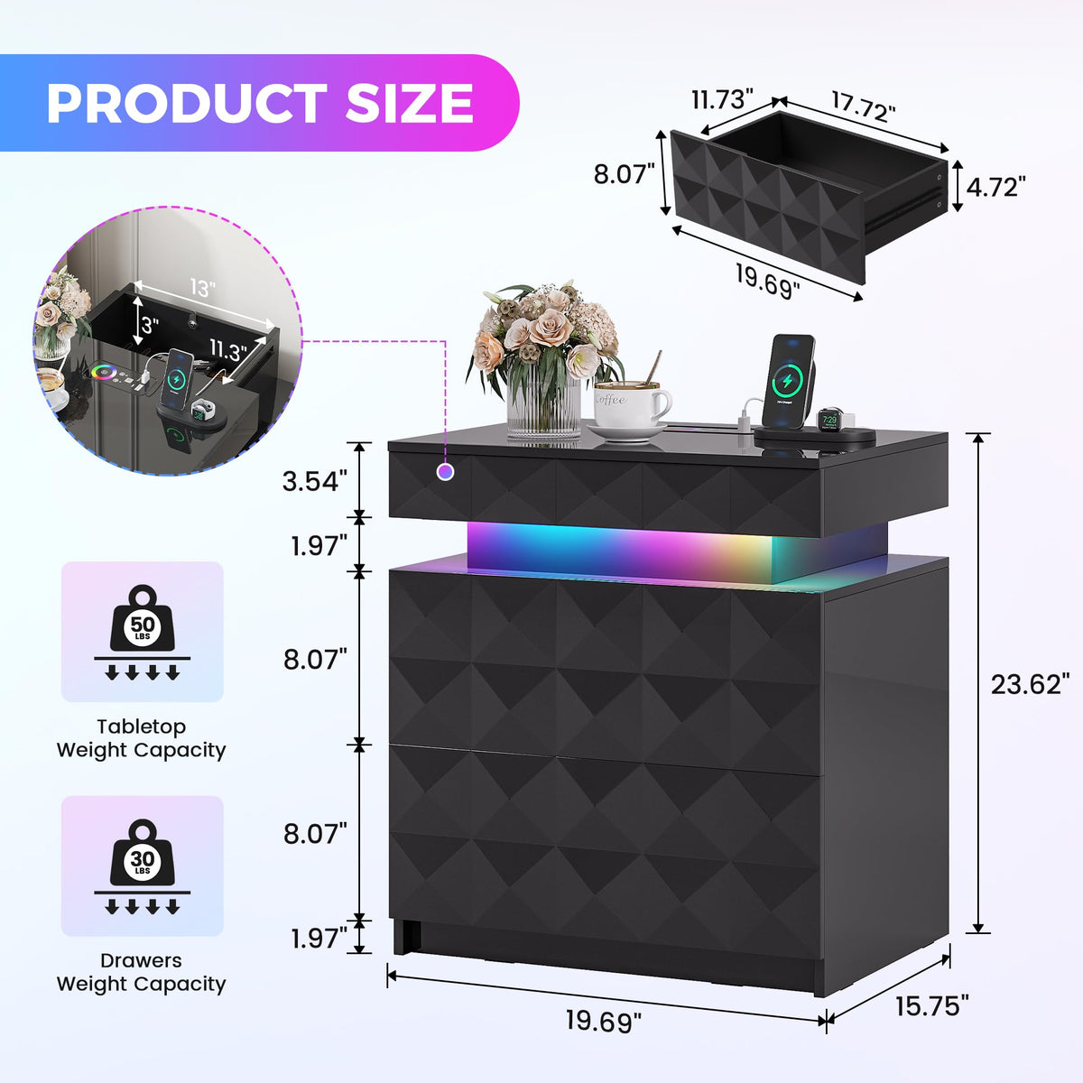 LED Night Stand with Charging Station Q50978