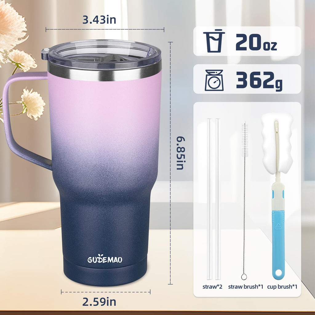 20 oz Insulated Stainless Steel Travel Mug with Handle Lid and Straw U8511