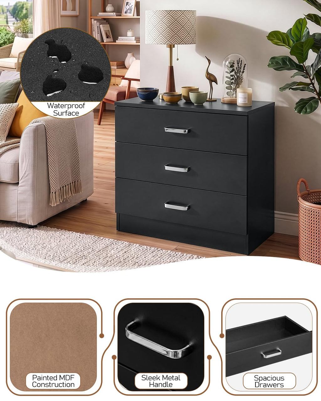 Black 3 Drawer Dresser M875