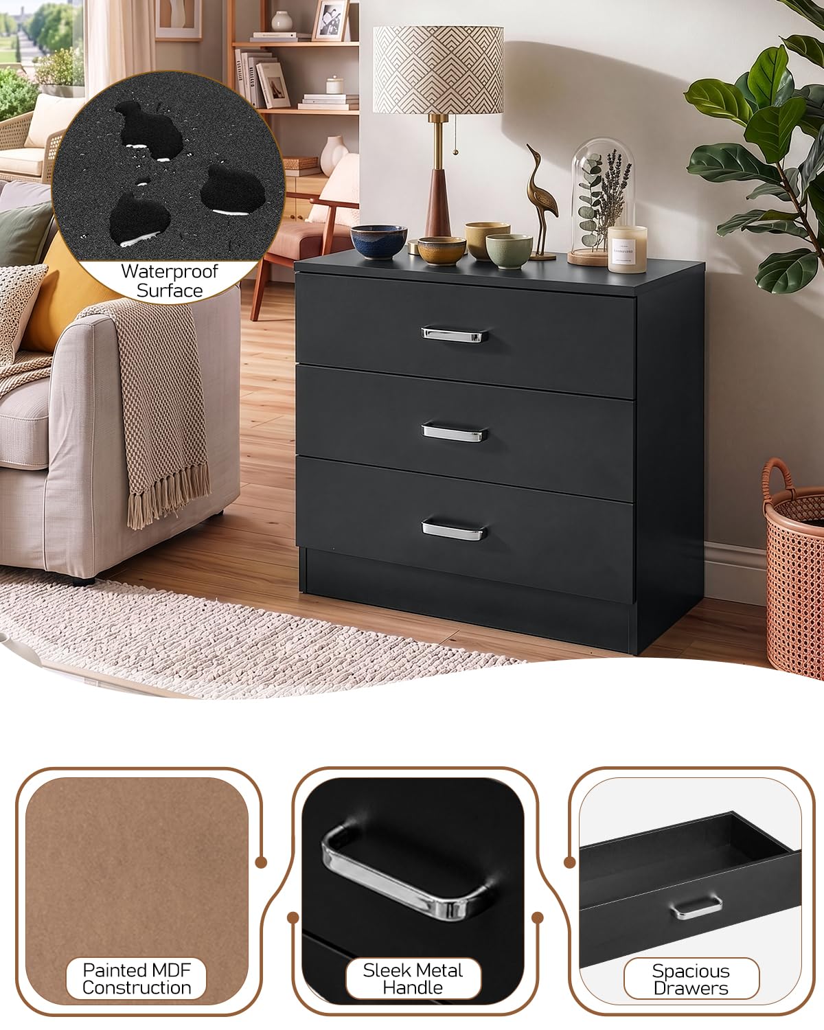 Black 3 Drawer Dresser M875