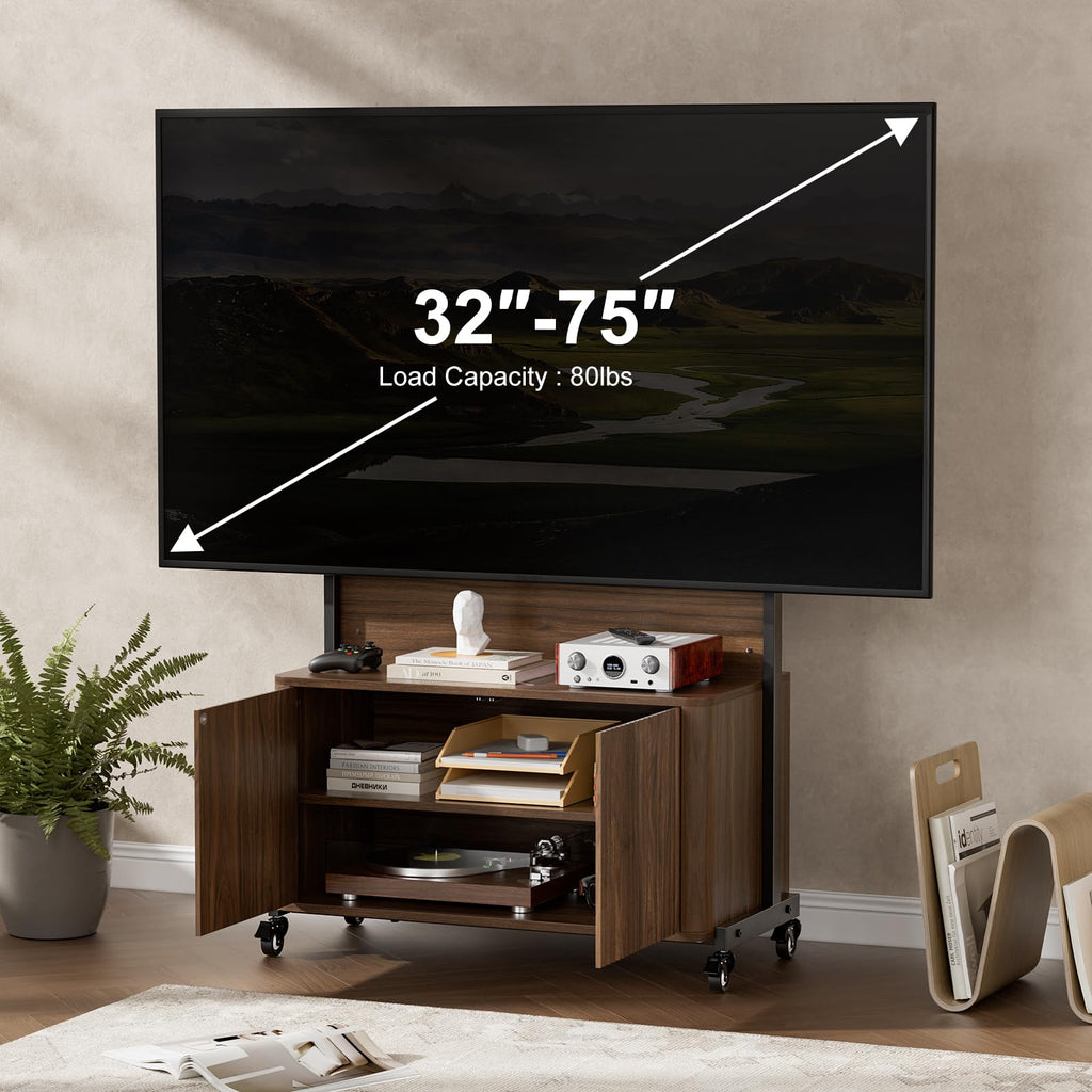 Rolling TV Stand with Mount for 32-75 Inch, Walnut Q892