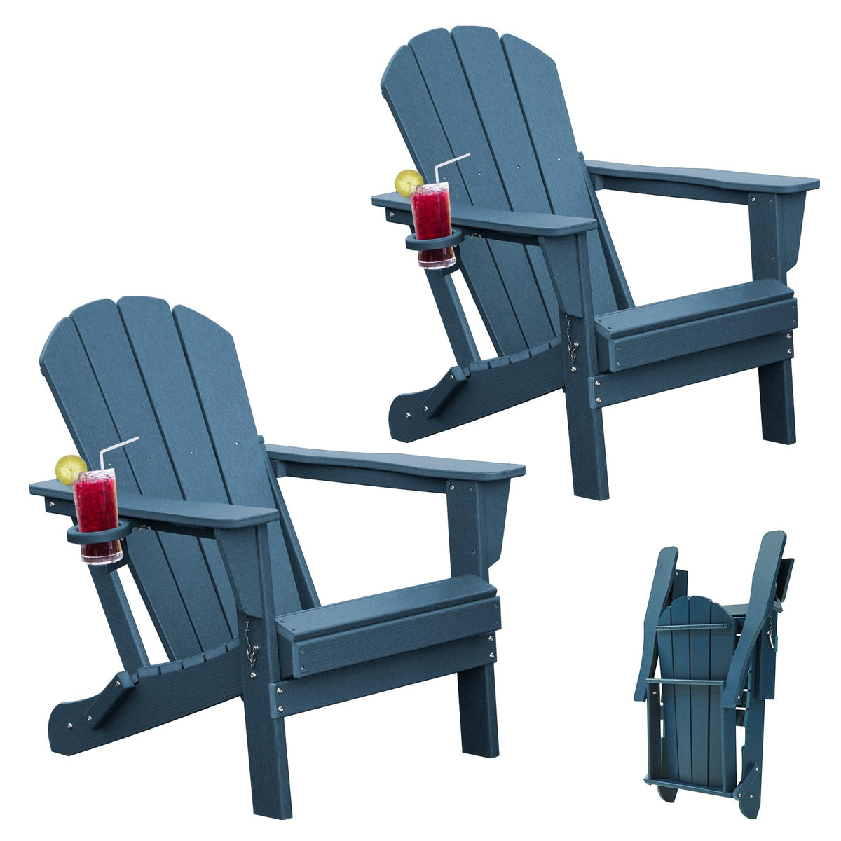 Folding Adirondack Chairs Set of 2 HDPE with Cup Holder Dark Blue X14523