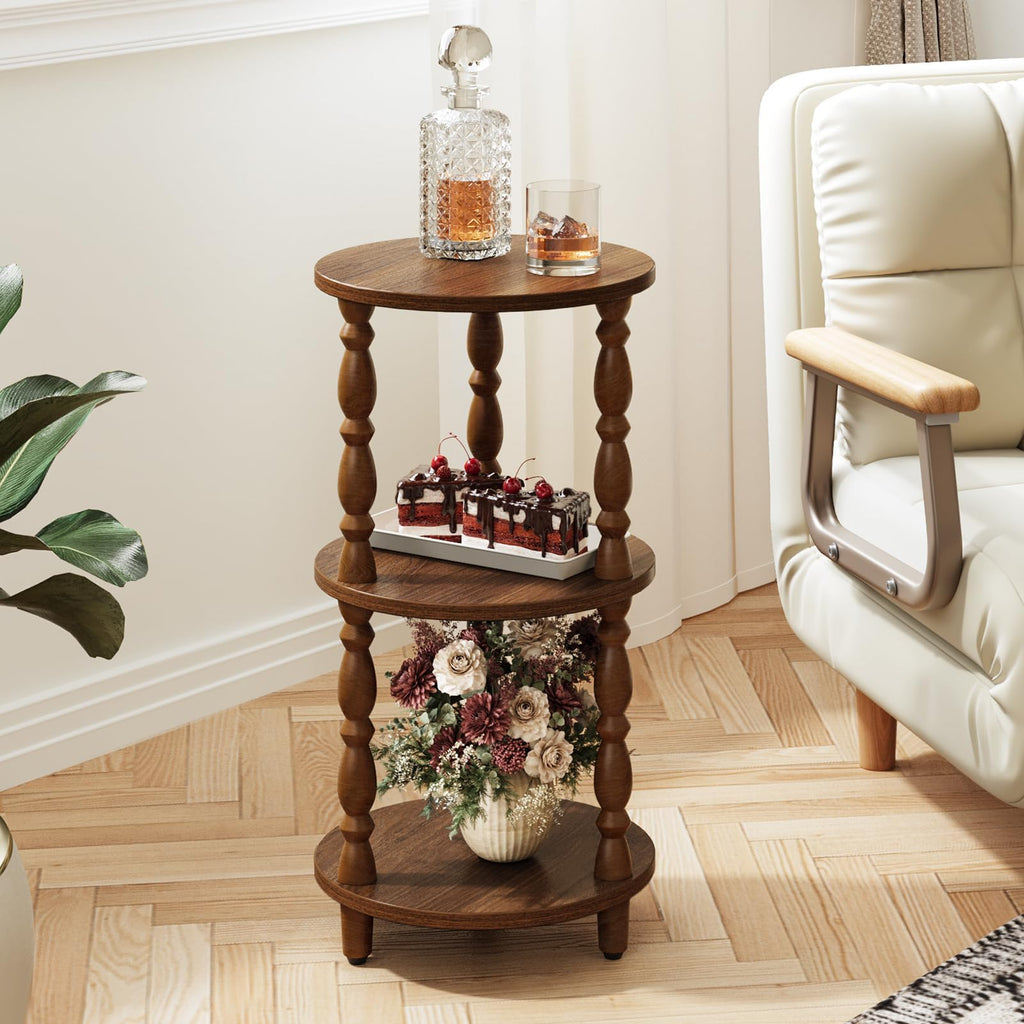Small Round 3-Tier Wood Side Table with Storage Shelf A68728