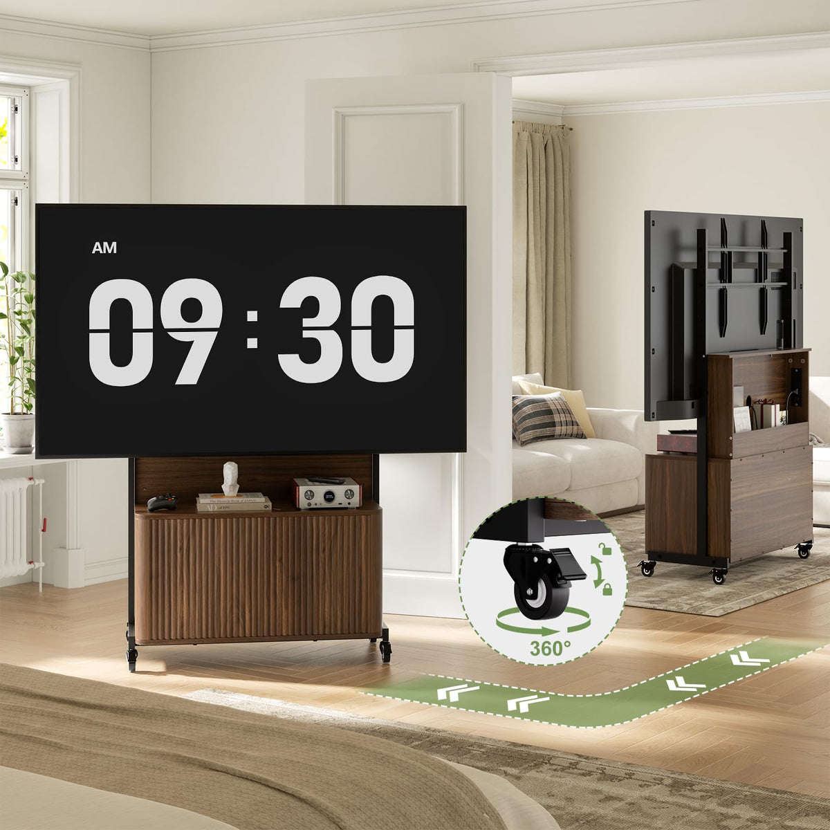 Rolling TV Stand with Mount for 32-75 Inch, Walnut Q892