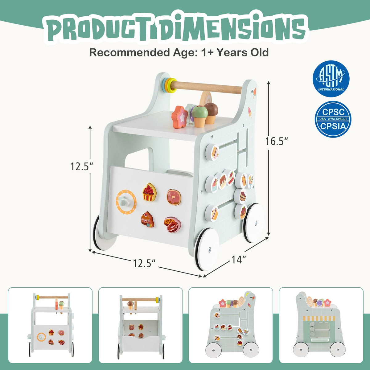 Wooden Baby Walker with Storage and Wheels R759786