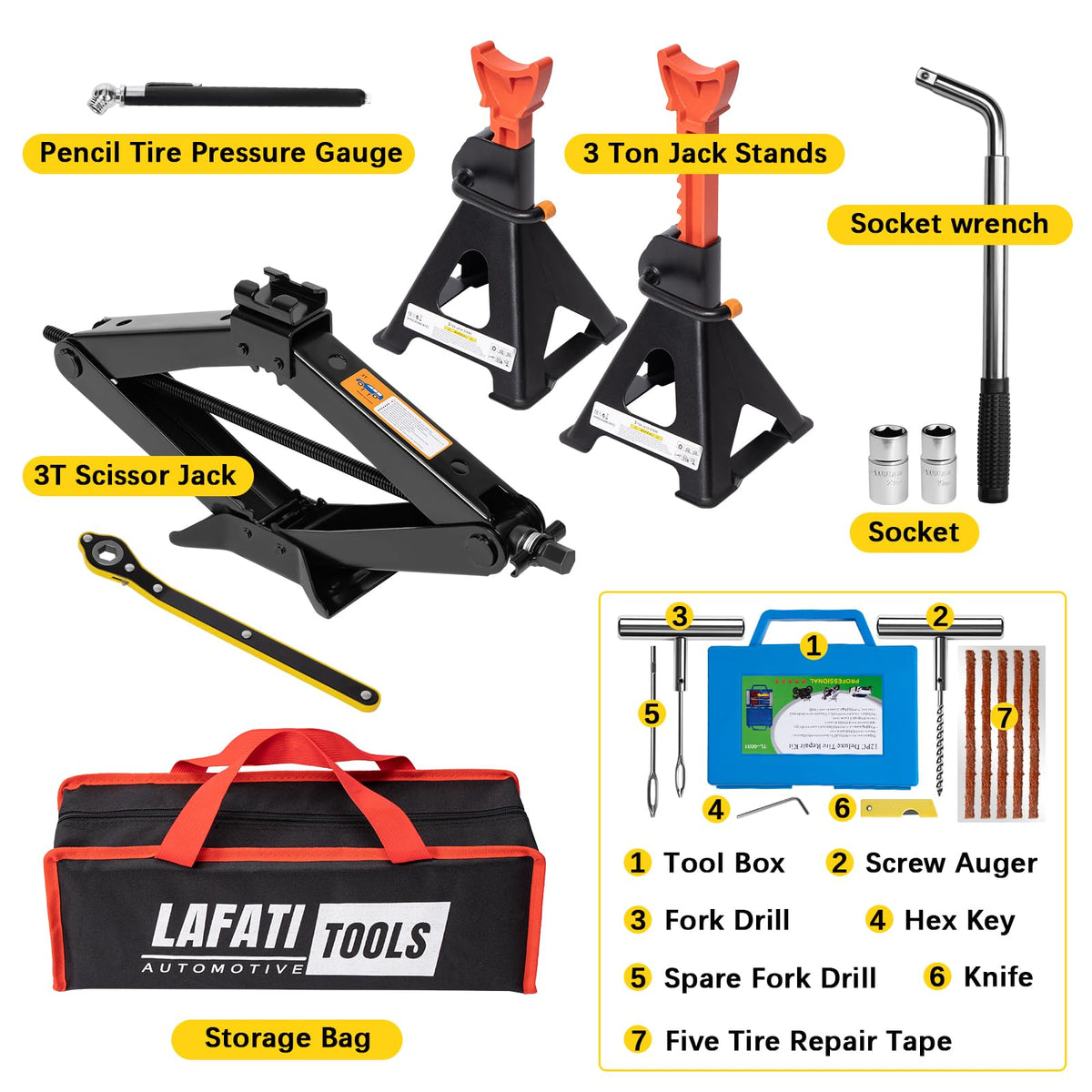 3 Ton Scissor Jack and Jack Stands Kit with Lug Wrench C36657