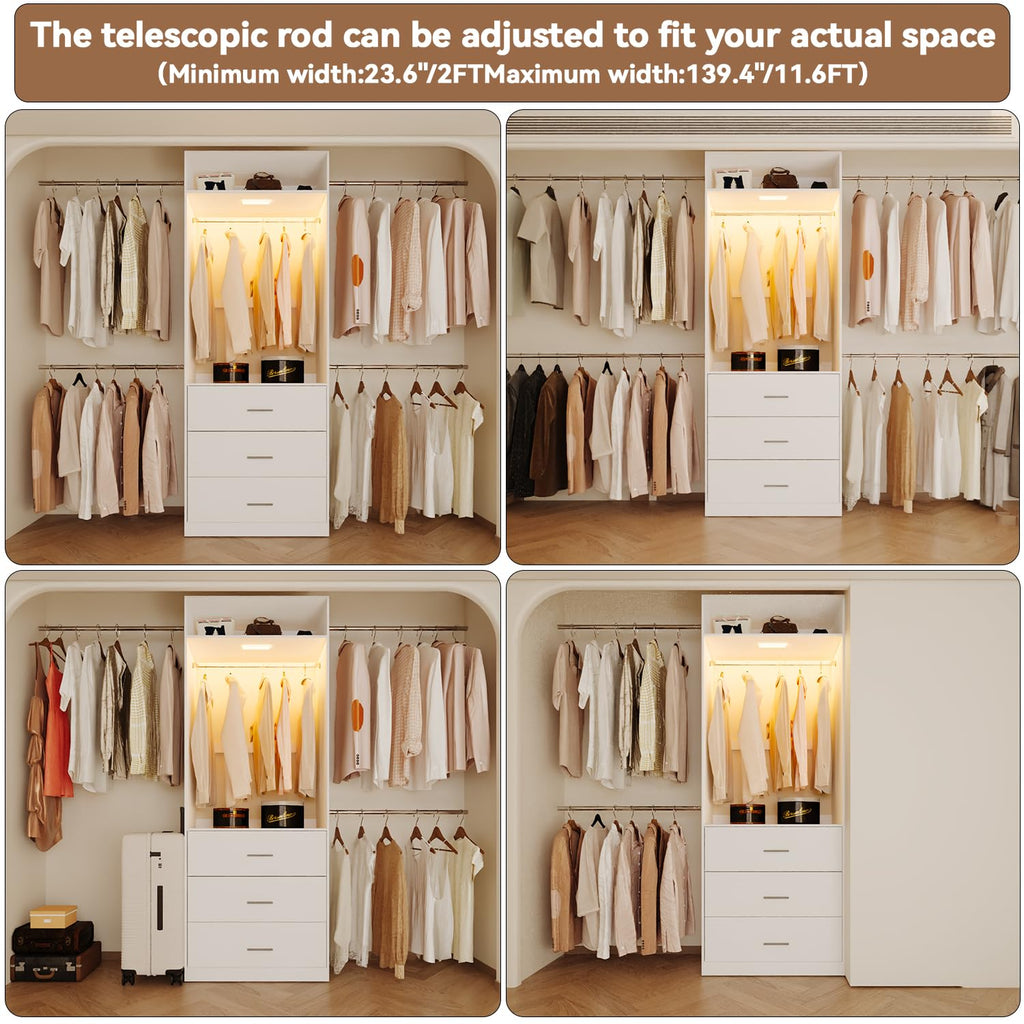 Wooden 11FT Closet Organizer with 3 Drawers and 4 Hanging Rods White O815401