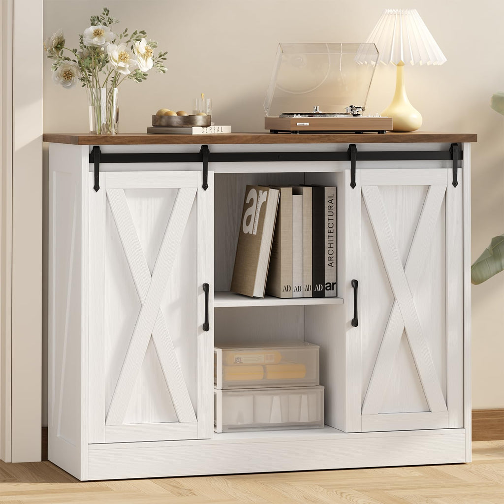 Rustic White Coffee Bar Cabinet with Sliding Barn Doors X8774