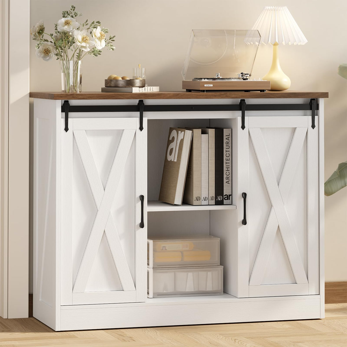 Rustic White Coffee Bar Cabinet with Sliding Barn Doors X8774