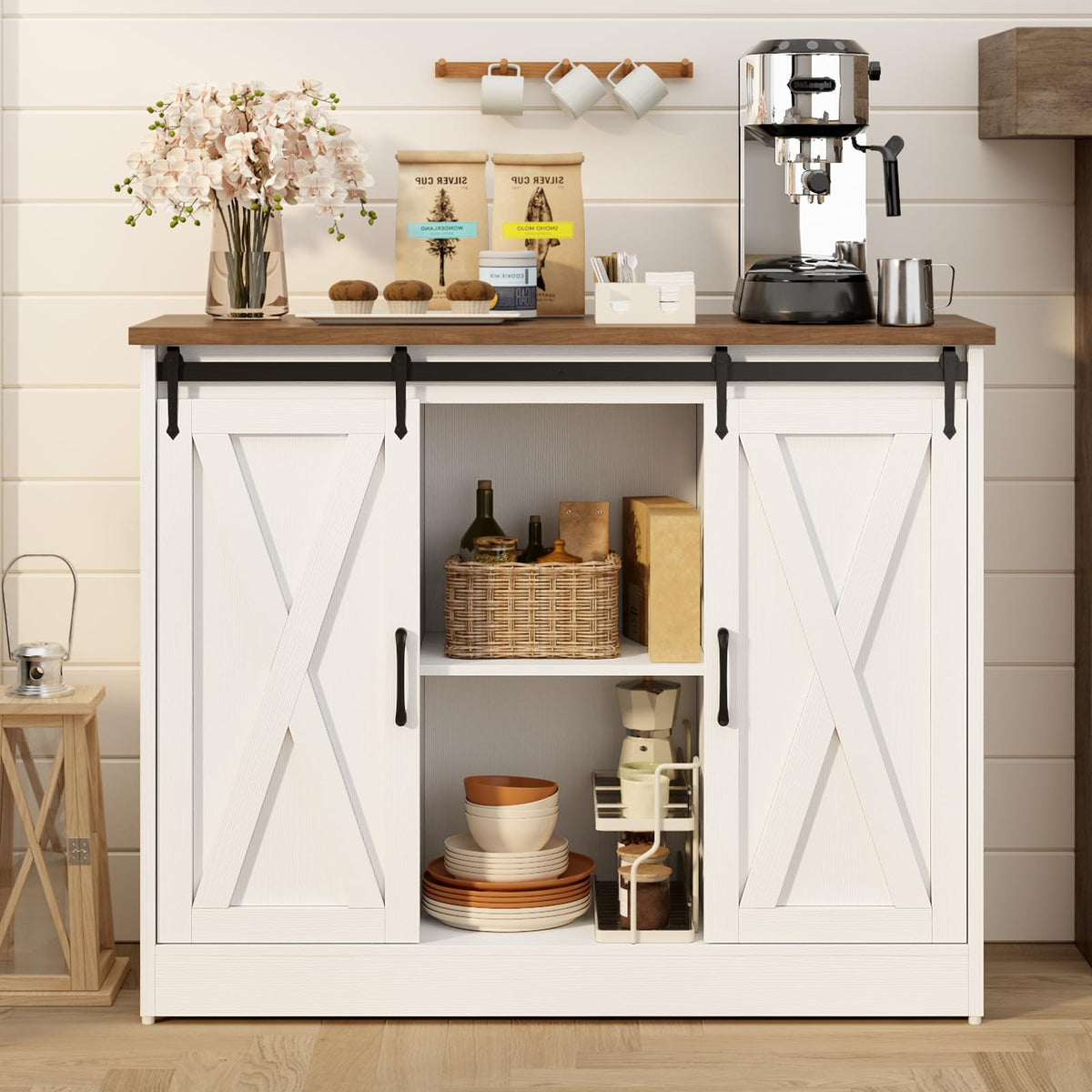 Rustic White Coffee Bar Cabinet with Sliding Barn Doors X8774