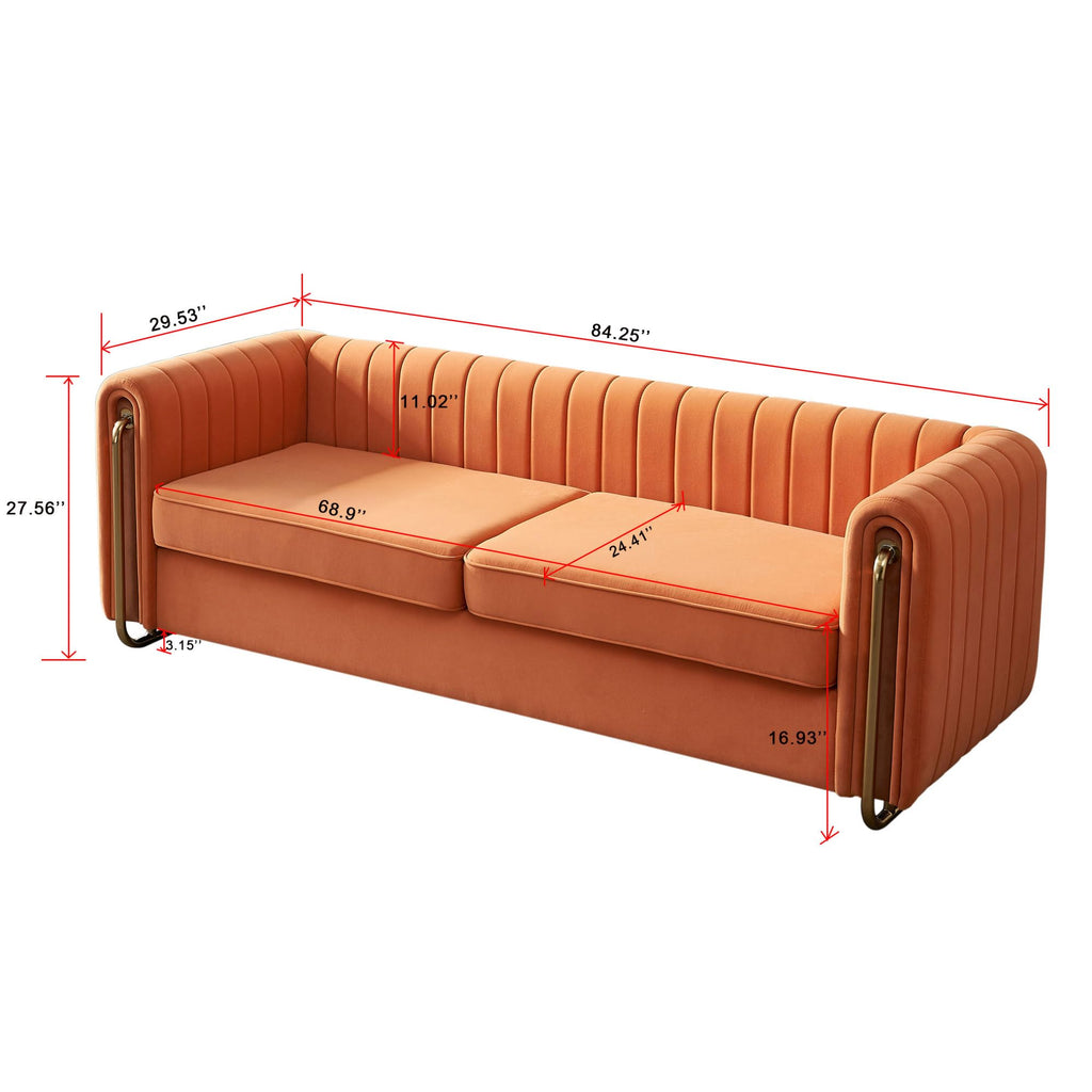 Velvet Sofa Couch, 3-Seater with Channel-Tufted Seats and Gold Steel Legs, Orange L272
