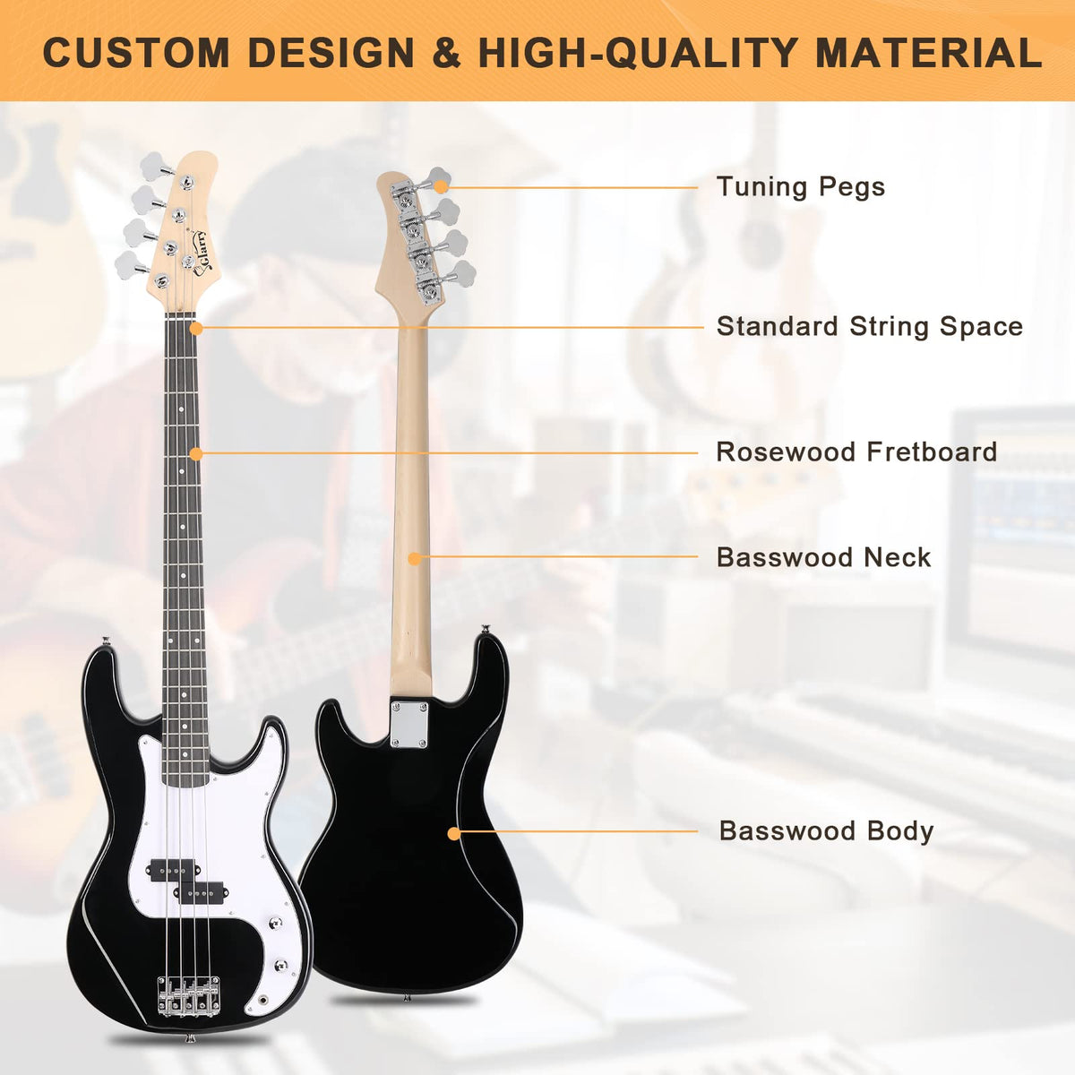Full Size 4 String Basswood Electric Bass Guitar Beginner Kit with 20W Amp P792684