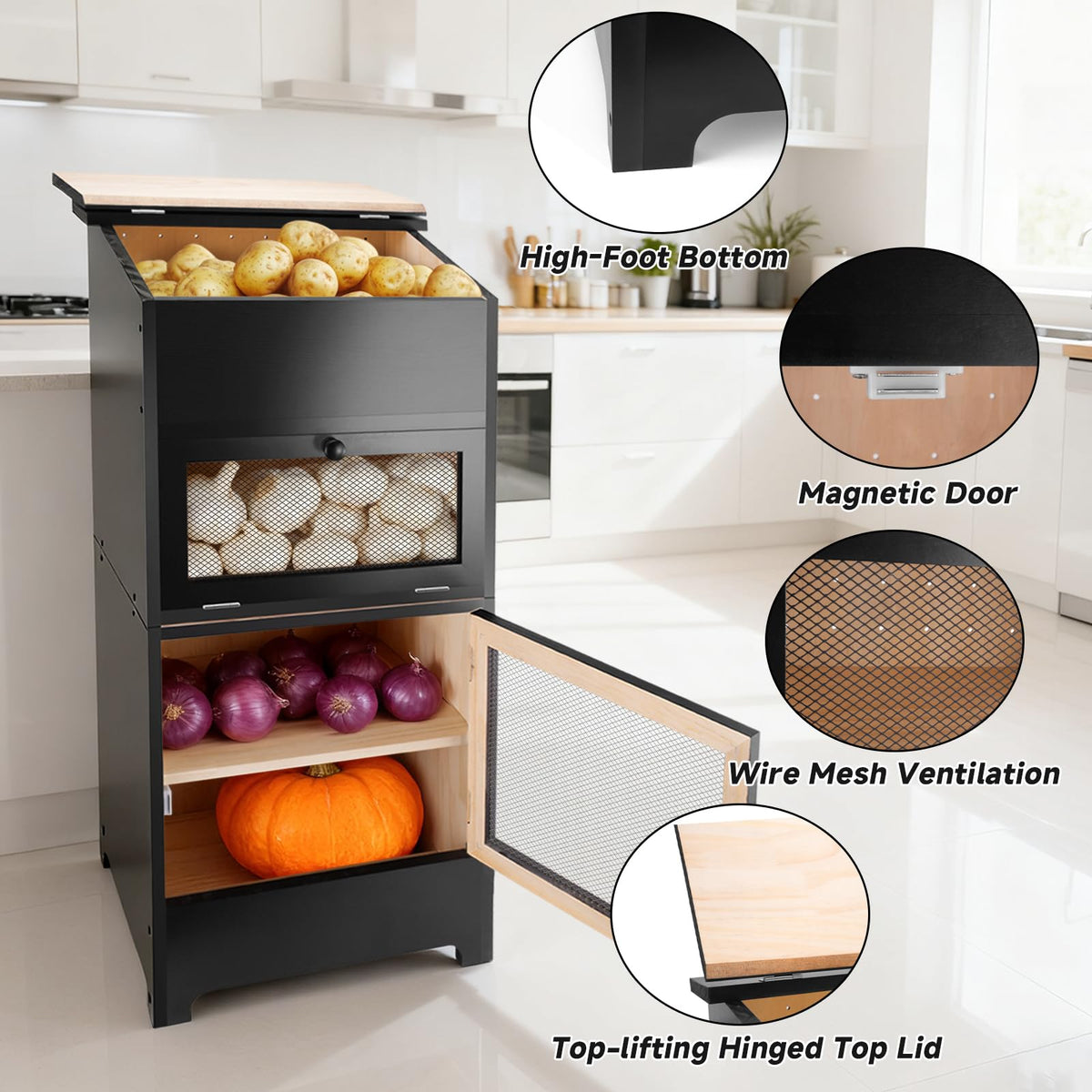 Black Stackable Wooden Potato Onion Storage Bin with Lid C206