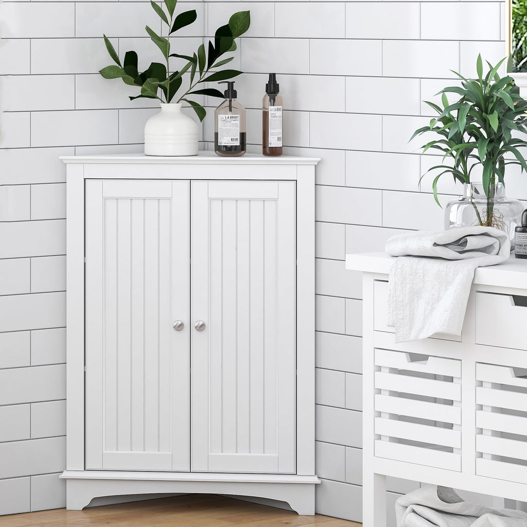 White Corner Bathroom Cabinet with Doors and Adjustable Shelf C7333