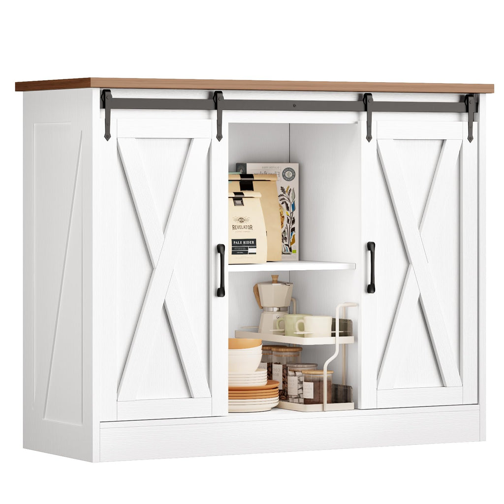 Rustic White Coffee Bar Cabinet with Sliding Barn Doors X8774