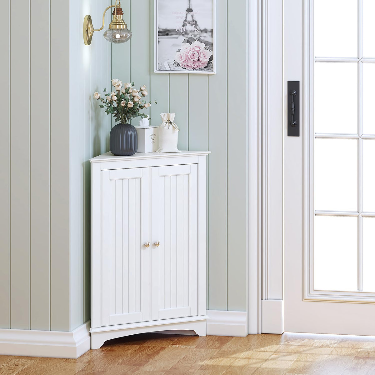 White Corner Bathroom Cabinet with Doors and Adjustable Shelf C7333