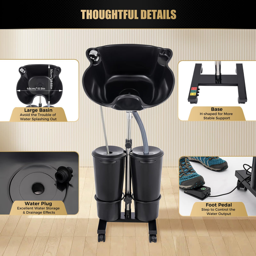 Portable Height and Angle Adjustable Shampoo Basin with 2 Water Buckets and 4 Wheels X8594