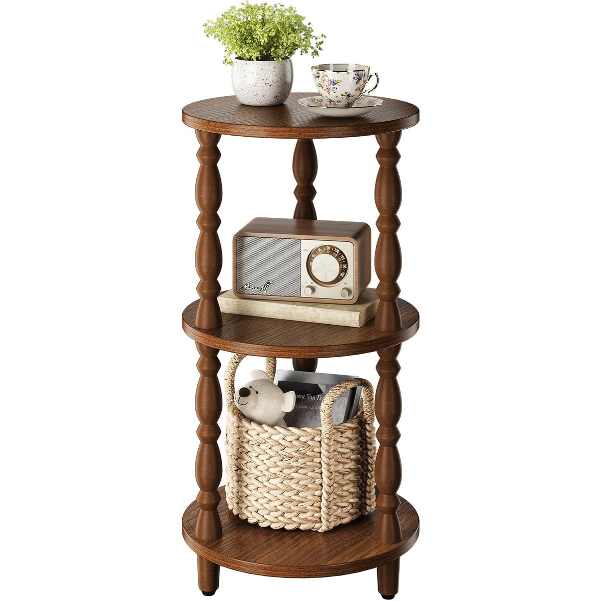 Small Round 3-Tier Wood Side Table with Storage Shelf A68728