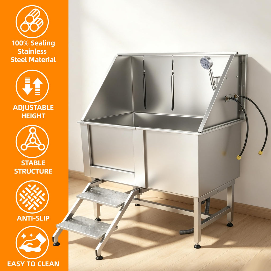 304 Stainless Steel Dog Washing Station with Stairs and 2 Drawers J74664
