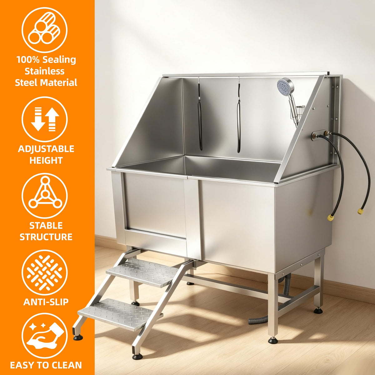 304 Stainless Steel Dog Washing Station with Stairs and 2 Drawers J74664