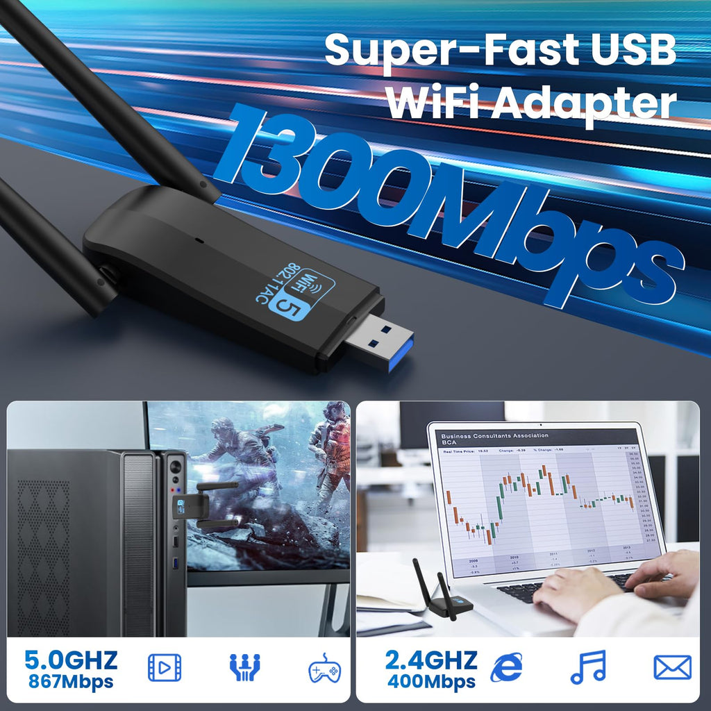 Wireless USB 3.0 WiFi Adapter 5G 2.4G Dual-Band 1300Mbps Dual 5Dbi Antennas G193