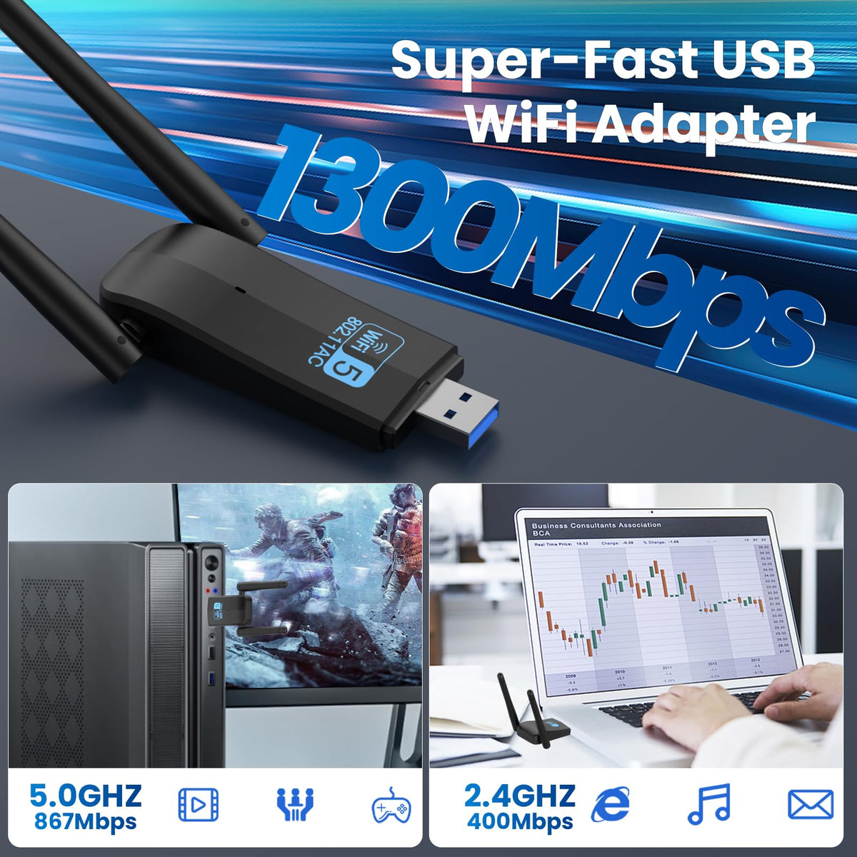 Wireless USB 3.0 WiFi Adapter 5G 2.4G Dual-Band 1300Mbps Dual 5Dbi Antennas G193