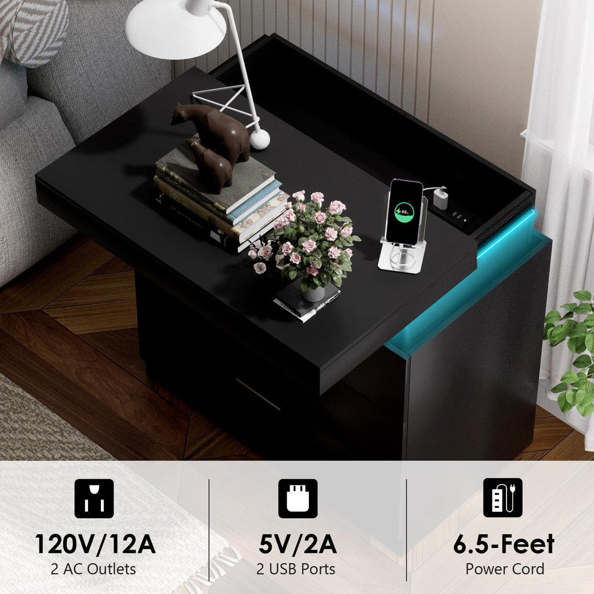Black Nightstand with Charging Station and LED Lights L305383