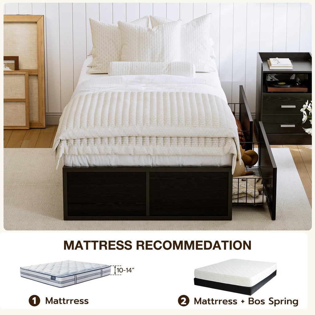Twin Metal Platform Bed Frame with 2 XL Storage Drawers S8110