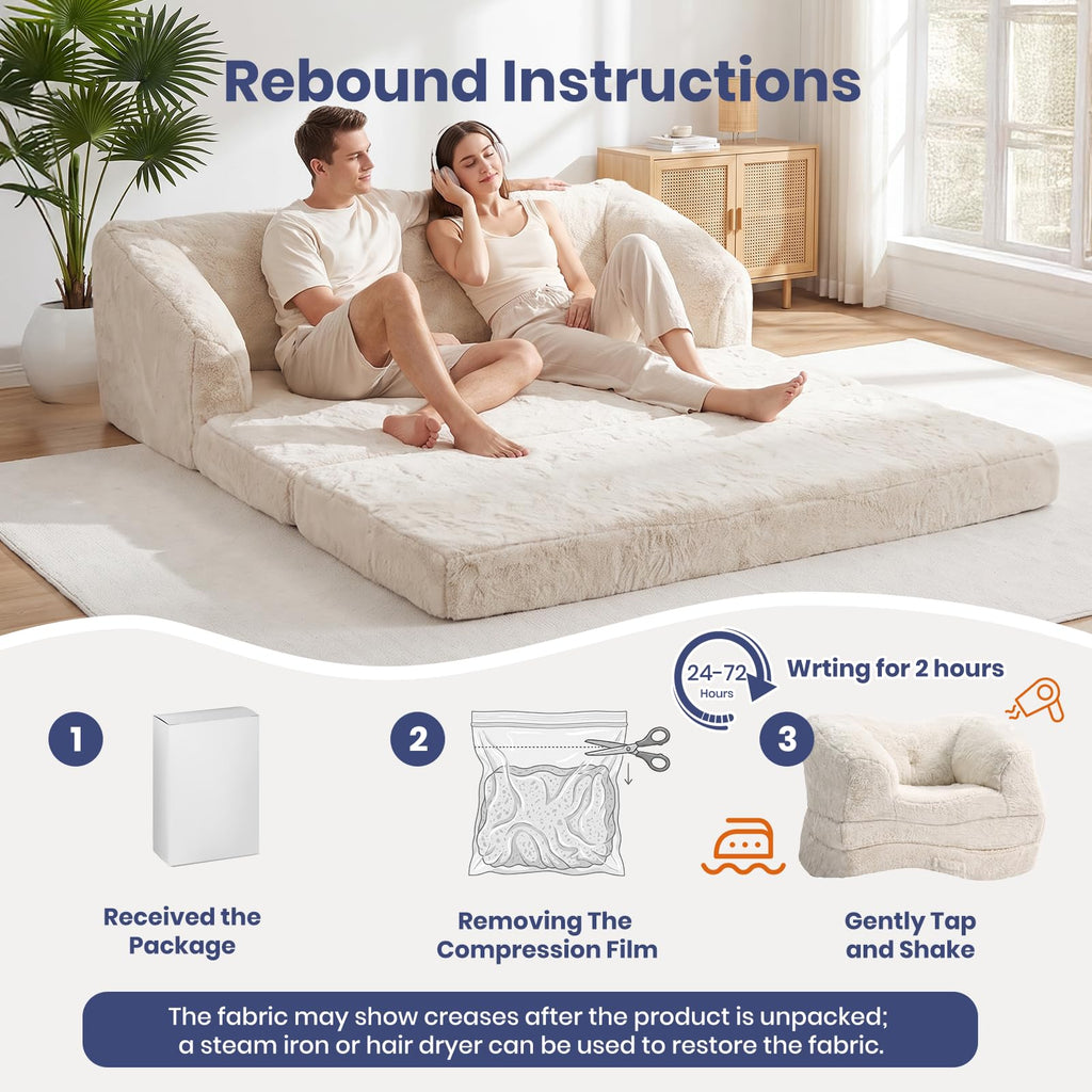 Convertible Folding Sofa Bed, 2 in 1 Portable Floor Couch & Foam Mattress with Handle, Space-Saving Faux Fur Futon Chair for Living Room, Bedroom, Guest Room (Loveseat, Beige) E633632